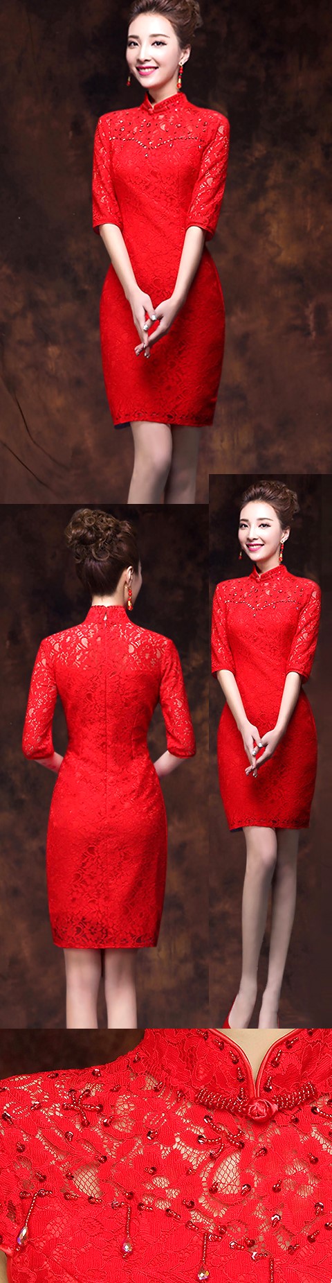 Elbow-sleeve Short-length Embroidery Gauze Cheongsam (RM/CM)