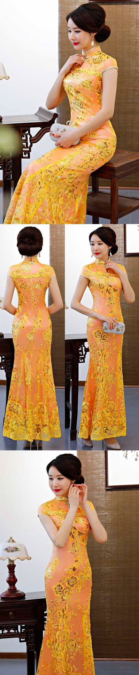 Cup-sleeve Long-length Evening-dress Cheongsam - Orange (RM/CM)