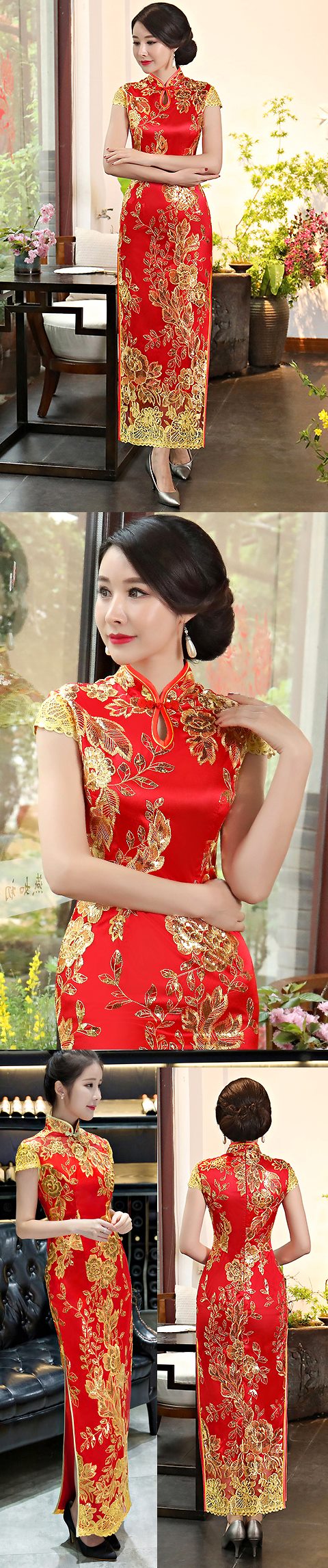 Cup-sleeve Long-length Evening-dress Cheongsam - Red (RM/CM)