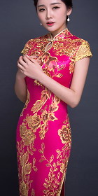 Cup-sleeve Long-length Evening-dress Cheongsam - Fuchsia (RM/CM)