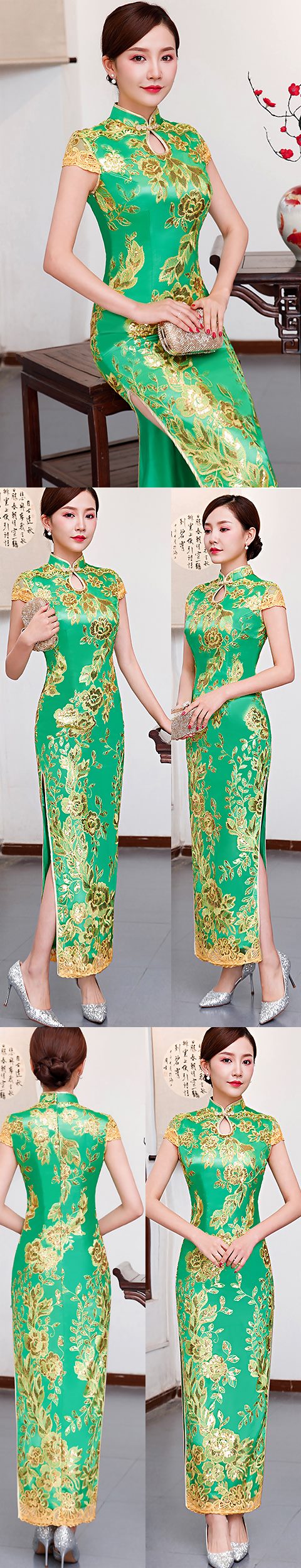 Cup-sleeve Long-length Evening-dress Cheongsam - Green (RM/CM)
