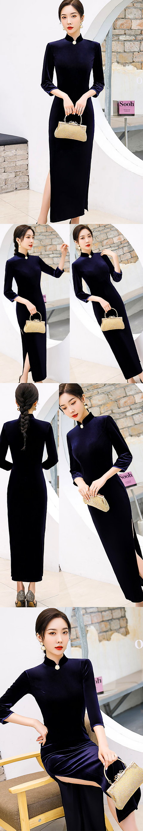 3/4-sleeve Long-length Velvet Cheongsam (Dark Navy)