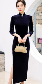 3/4-sleeve Long-length Velvet Cheongsam (Dark Navy)