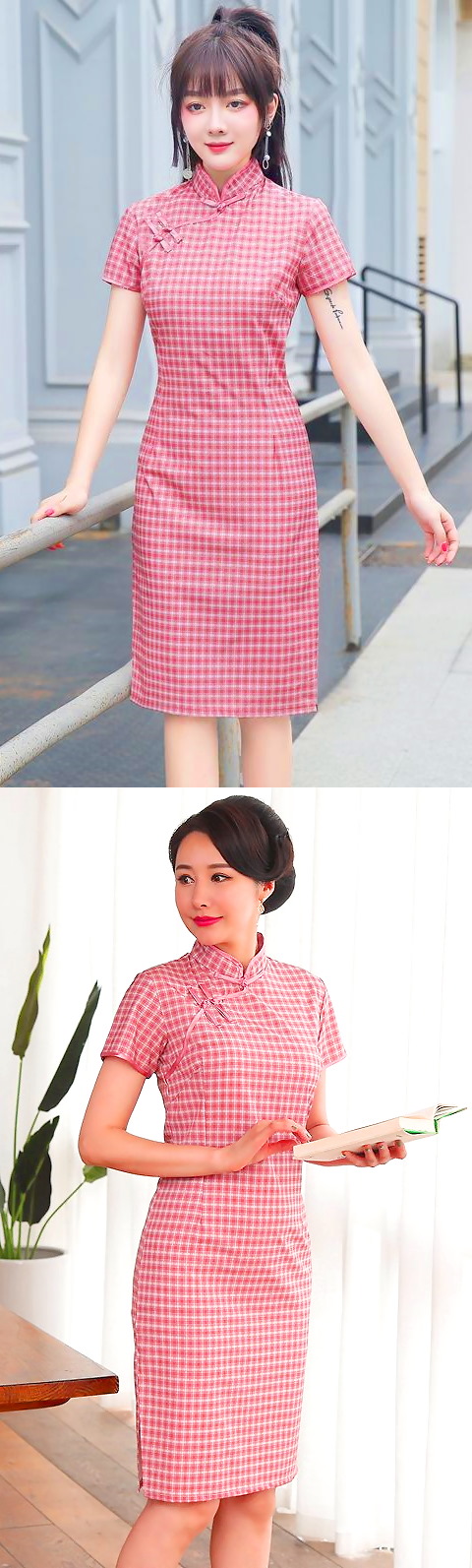 Short-sleeve Mid-length Checkered Cheongsam (RM)