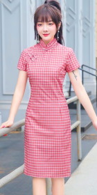 Short-sleeve Mid-length Checkered Cheongsam (RM)