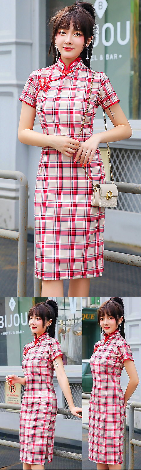 Short-sleeve Mid-length Checkered Cheongsam (RM)