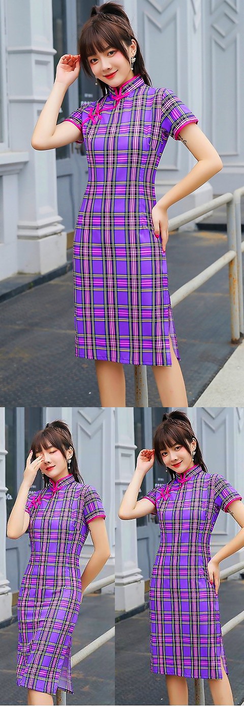 Short-sleeve Mid-length Checkered Cheongsam (RM)