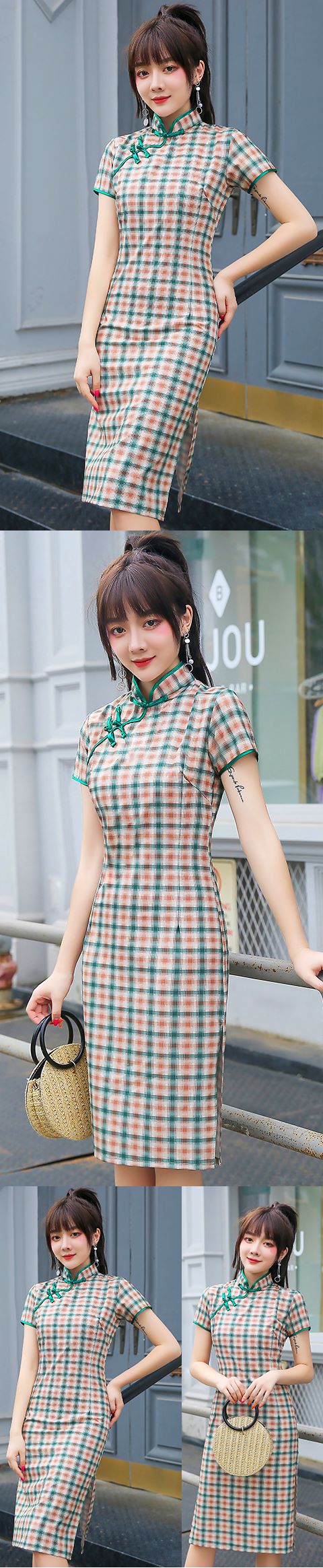 Short-sleeve Mid-length Checkered Cheongsam (RM)