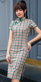 Short-sleeve Mid-length Checkered Cheongsam (RM)