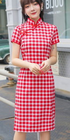 Short-sleeve Mid-length Checkered Cheongsam (RM)