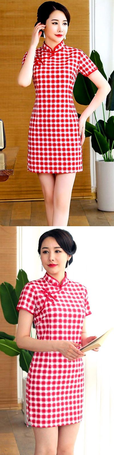 Short-sleeve Short-length Checkered Cheongsam (RM)