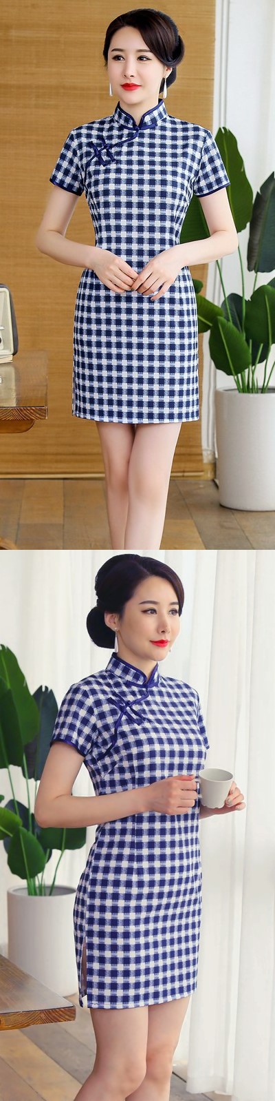 Short-sleeve Short-length Checkered Cheongsam (RM)
