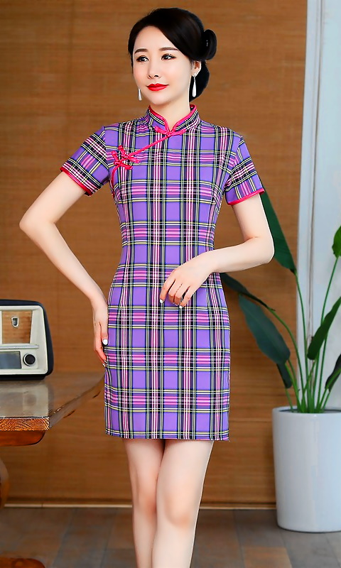 Short-sleeve Short-length Checkered Cheongsam (RM)