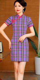 Short-sleeve Short-length Checkered Cheongsam (RM)