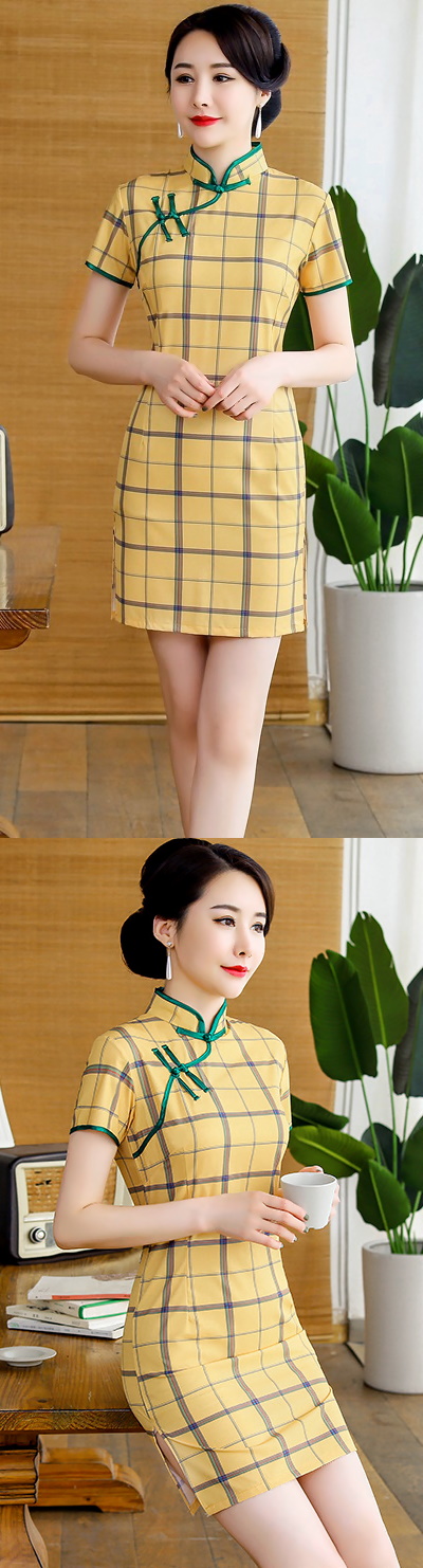Short-sleeve Short-length Checkered Cheongsam (RM)