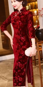 Elbow-sleeve Long-length Velvet Cheongsam (RM)