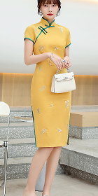 Embossed Embroidery Linen Cotton Mid-length Cheongsam (RM)