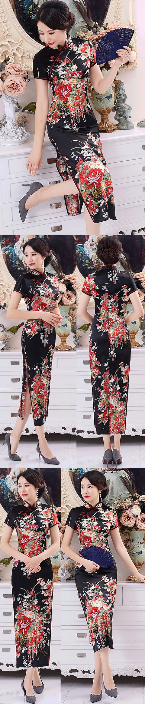 Short-sleeve Long-length Silky Cheongsam (RM)