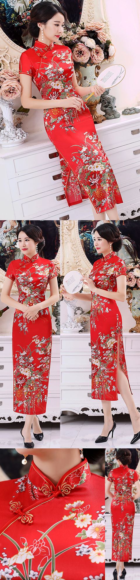 Short-sleeve Long-length Silky Cheongsam (RM)