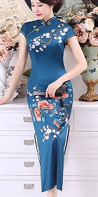 Short-sleeve Long-length Silk Printing Cheongsam (RM)