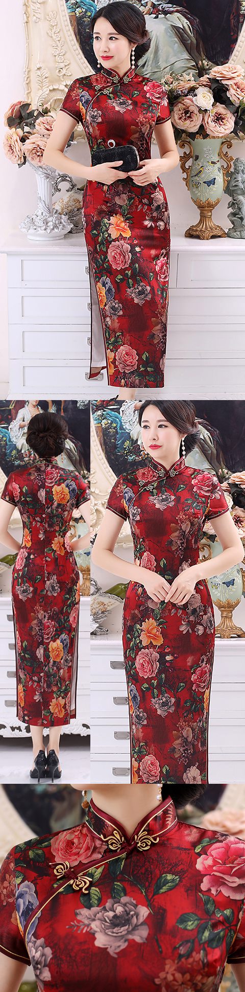 Short-sleeve Long-length Silk Printing Cheongsam (RM)