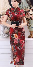 Short-sleeve Long-length Silk Printing Cheongsam (RM)