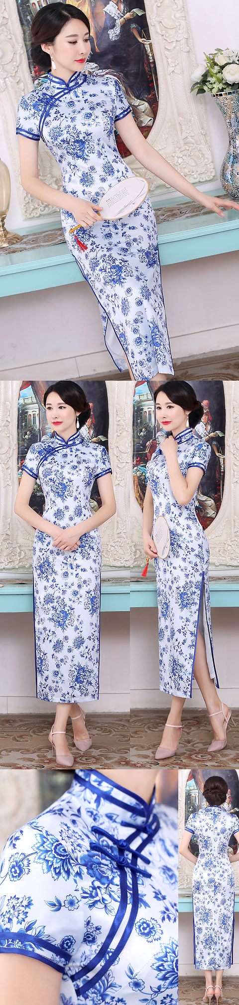 Short-sleeve Long-length Silk Printing Cheongsam (RM)