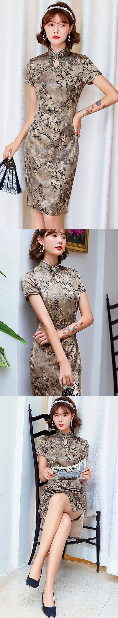 Short-sleeve Mid-length Silky Cheongsam (RM)