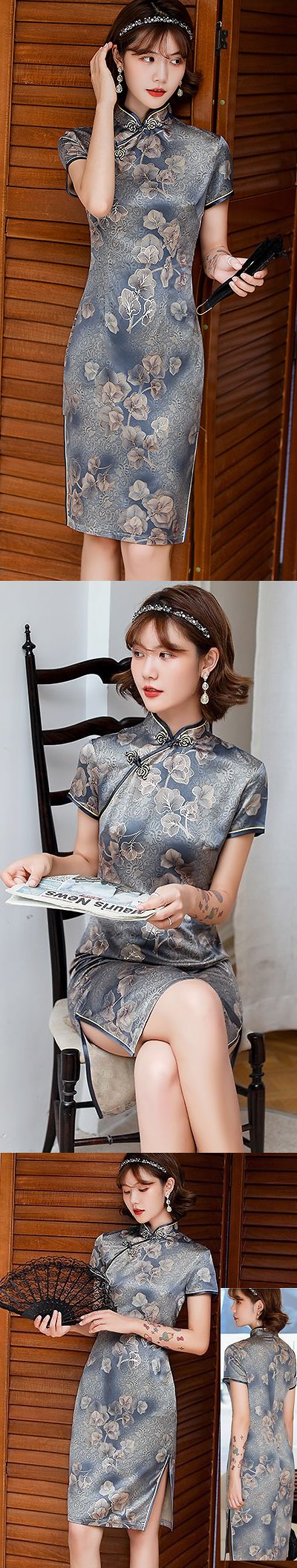 Short-sleeve Mid-length Silky Cheongsam (RM)