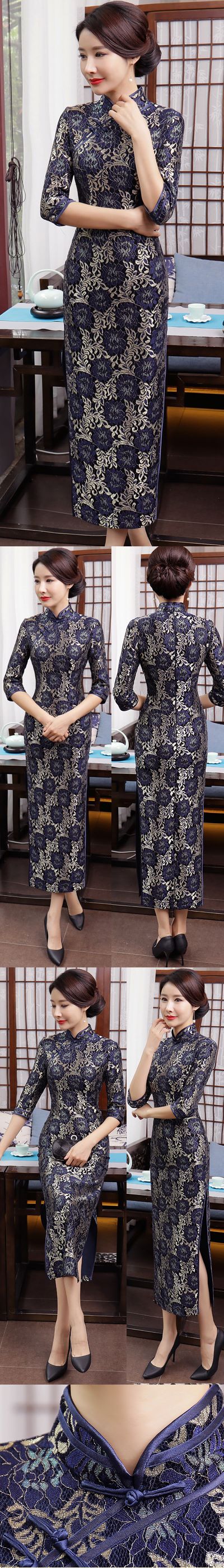 3/4-sleeve Long-length Embroidery Gauze Cheongsam (RM)