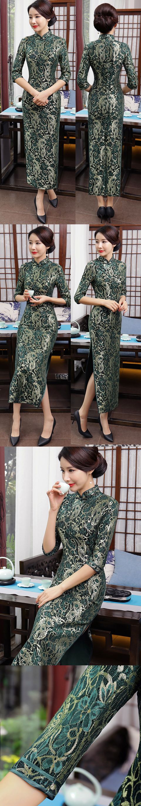 3/4-sleeve Long-length Embroidery Gauze Cheongsam (RM)