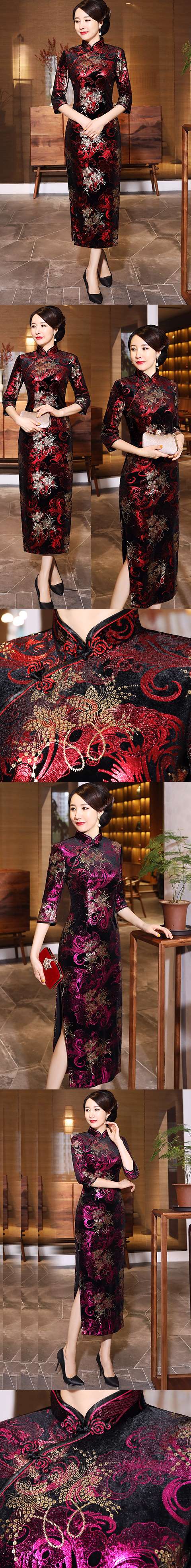 Elbow-sleeve Long-length Velvet Cheongsam (RM)