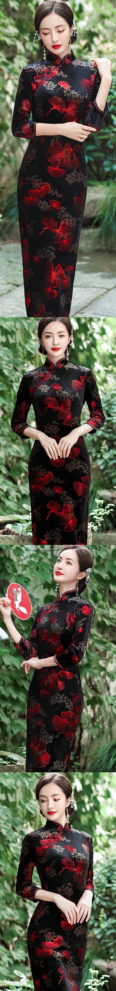 3/4-sleeve Long-length Exquisite Velvet Cheongsam (RM)