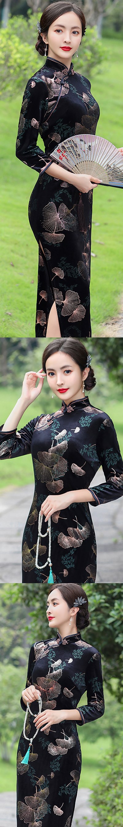 3/4-sleeve Long-length Exquisite Velvet Cheongsam (RM)