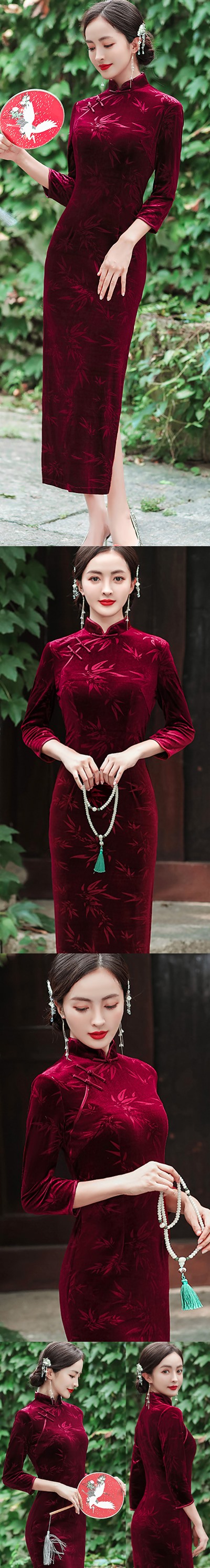 3/4-sleeve Long-length Exquisite Velvet Cheongsam (RM)