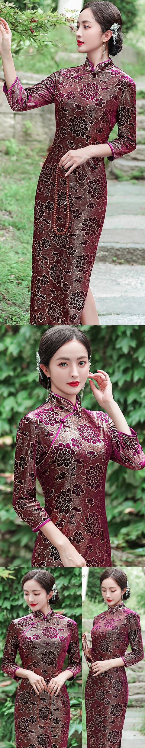 3/4-sleeve Long-length Exquisite Velvet Cheongsam (RM)