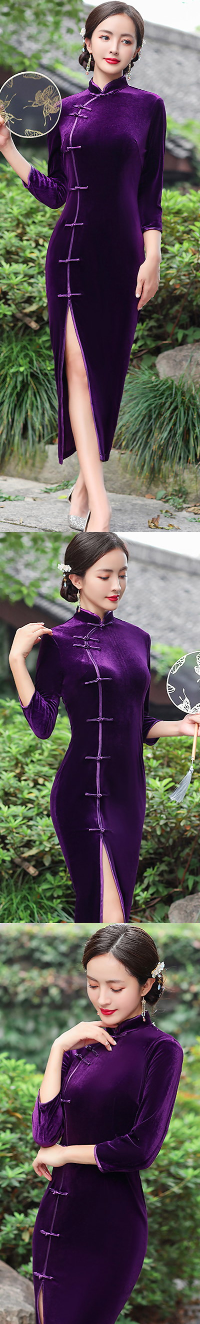 3/4-sleeve Long-length Velvet Cheongsam (RM)