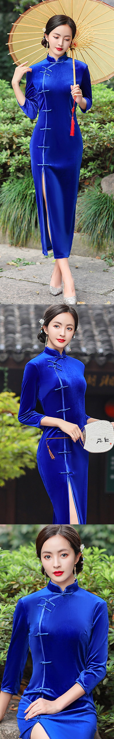 3/4-sleeve Long-length Velvet Cheongsam (RM)