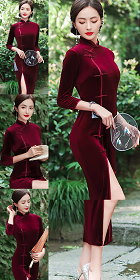 3/4-sleeve Long-length Velvet Cheongsam (RM)