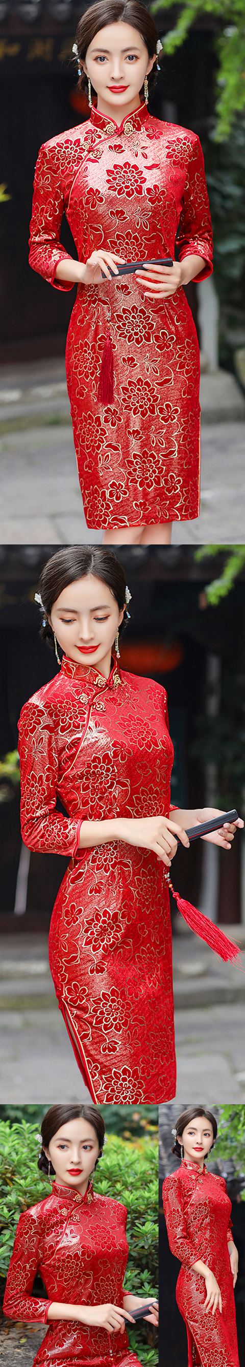 3/4-sleeve Mid-length Exquisite Velvet Cheongsam (RM)