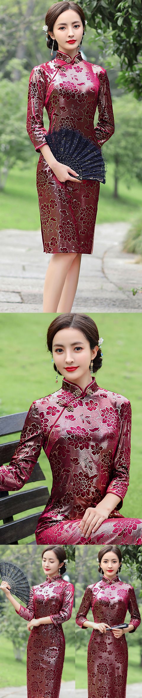 3/4-sleeve Mid-length Exquisite Velvet Cheongsam (RM)