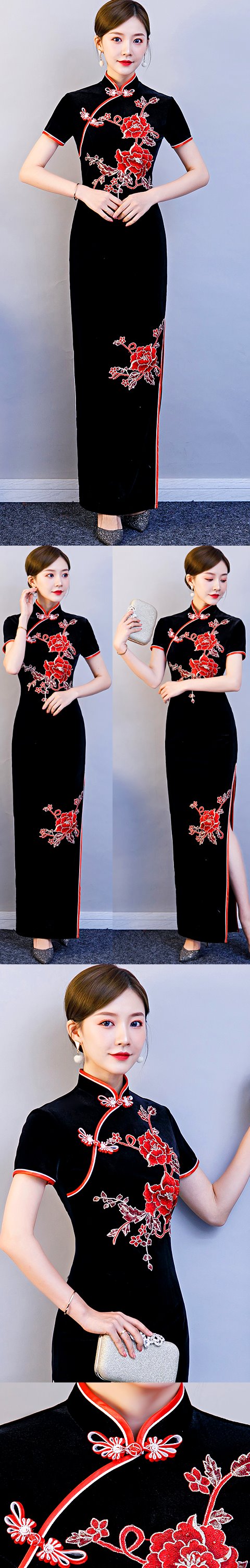 Velvet Embroidery Long-length Cheongsam (CM)