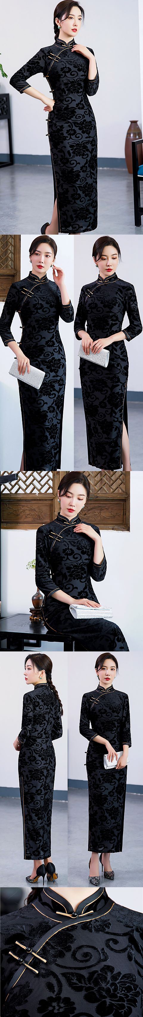 Gorgeous 3/4-sleeve Long-length Embossed Velvet Cheongsam (RM)