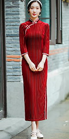 華麗7分袖長身絲絨旗袍 (成衣)