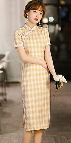 Short-sleeve Mid-length Checkered Cheongsam (RM)