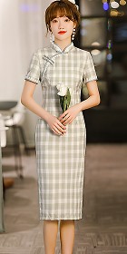 Short-sleeve Mid-length Checkered Cheongsam (RM)