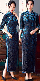 華麗浮雕絲絨7分袖旗袍 (成衣)