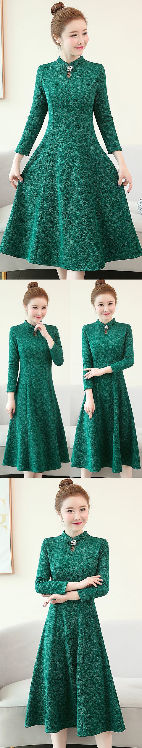 Long-sleeve A-line Embossed Embroidery Cheongsam (RM)