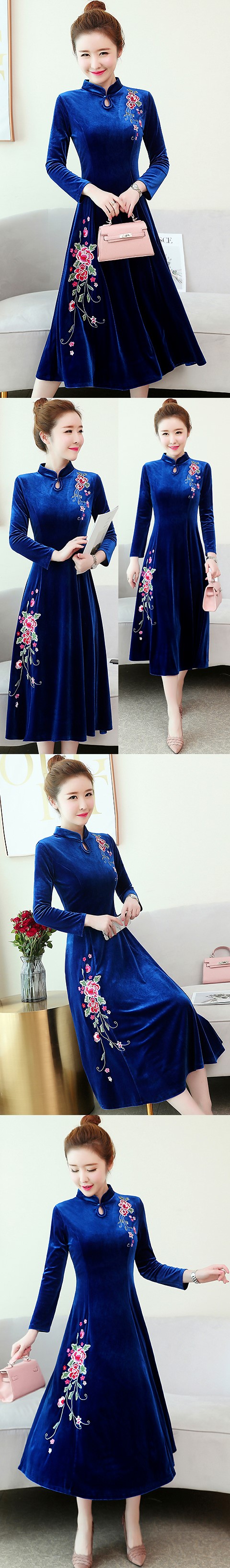 Long-sleeve A-line Velvet Cheongsam (RM)