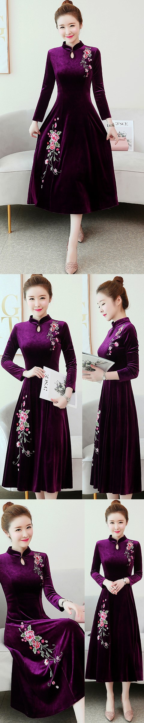 Long-sleeve A-line Velvet Cheongsam (RM)